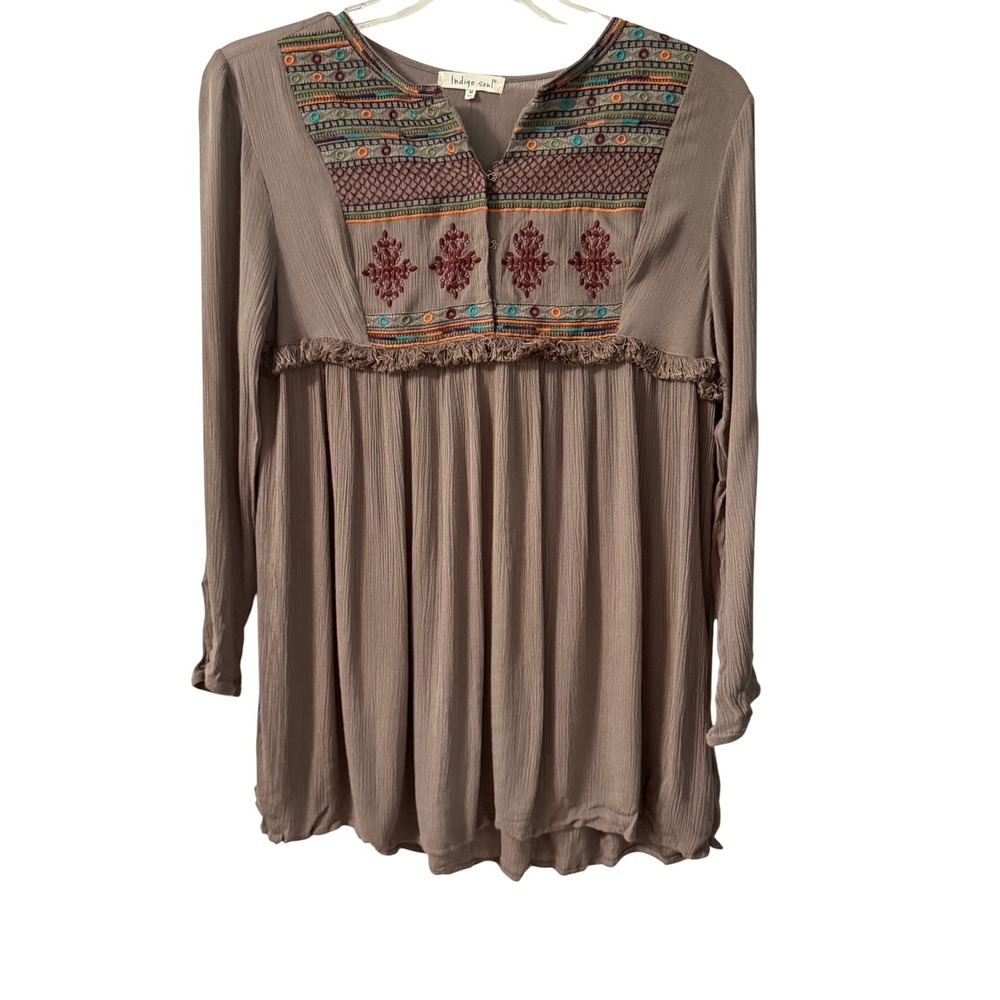 Indigo Soul Womens Embroidered Boho Tunic Top Brown Long Sleeve Fringe Size M